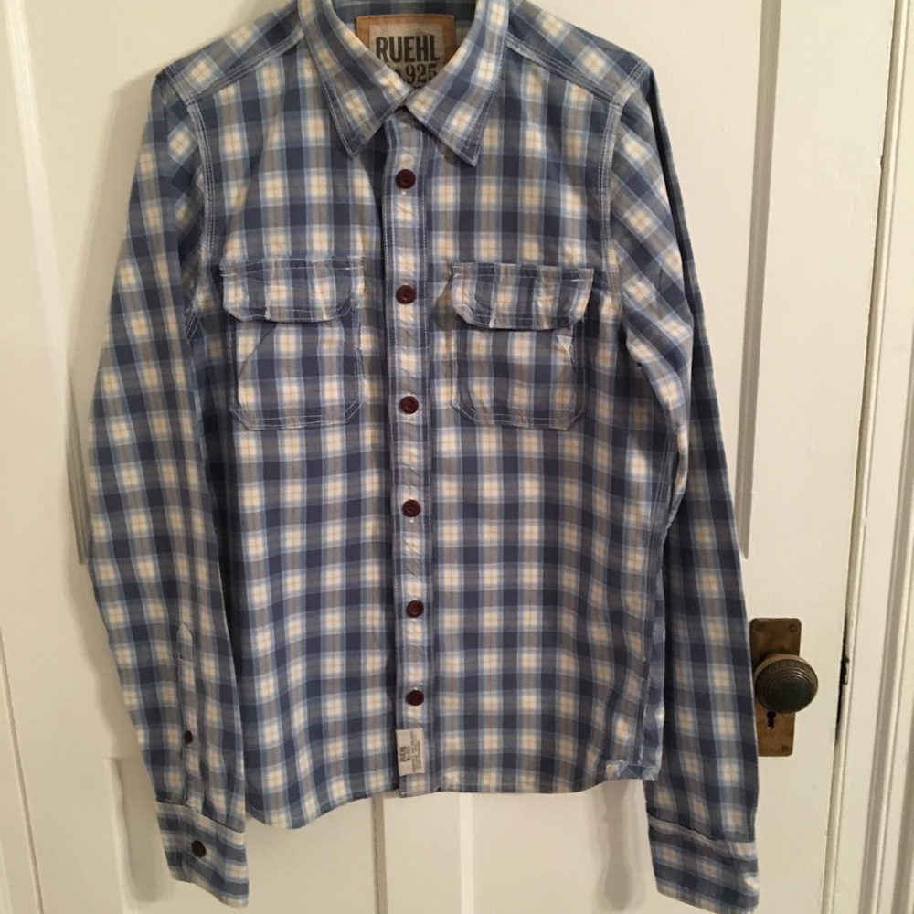 Ruehl 925 blue & cream plaid casual shirt